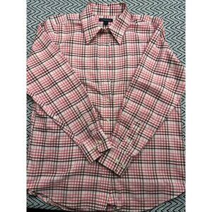 Lands End Womens Long Sleeve Pink Plaid Button-Up Shirt M Classic Fit Cotton/Pol